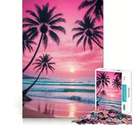 Pink Sunset Beach with Palm Trees 1000 Piece Jigsaw Puzzles for Teenagers Jigsaw Logic Train Toy Stress Relief Smooth Cut Memorable Gift (38x52cm)