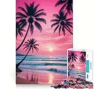 Pink Sunset Beach with Palm Trees 1000 Piece Jigsaw Puzzles for Teenagers Memory Boost Home Leisure Image Assembly Lovely Gift (38x26cm)