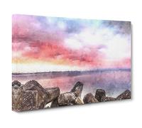 Pink Sunset Over The Ocean Canvas Print | Gallery Wrapped 30mm Frame Wall Art | 20x14 inches | Ready to Hang | Abstract Seascape Picture | Living Room Bedroom Lounge Office