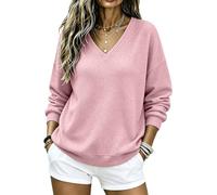 Pink Sweatshirts for Women UK Light Oversized Loose Women V Neck Sweatshirt Waffle Textured Long Sleeve Hoodless Pullover Soft Casual Plain Jumper for Loungewear Walking Weekend Outfits Size L