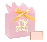 Pink Sweet 13th Birthday Gift Bag, Pink and Gold Gifts Wrapping with Greeting Handles and Ribbon for 13 Year Old Girls, Sweet 13 Paper Gift Bags, Birthday Party Gifts Bag, for Birthdays Celebrations