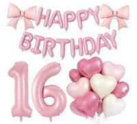 Pink Sweet 16 Birthday Decorations, Large 16 Number Foil Balloon 21 Inch Pink Bow 16 Inch Happy Birthday Letter Balloons Banner with 18 Inch Heart Balloons for 16 Year Old Girls Party