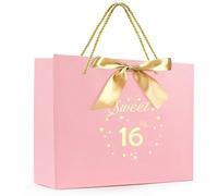 Pink Sweet 16th Birthday Gift Bag with Greeting Handles and Ribbon for Girls 16 Year Old Birthday Gift Wrapping Bag for Party Favors Goodie Wrapping Bag Decorations Supplies