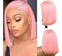 Pink T Part Lace Wigs 16 Inch Remy Straight Silky Hair 13x1x4 Lace Front Swiss Wig For Women 180% Medium Density Pink Bob Wigs Bleached Knots With