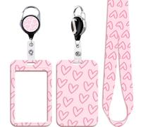 Pink Teachers ID Card Holder Lanyard for ID Badge Keys Love Heart Retractable Heavy Duty Badge Reel Clip Cute Keychain Lanyard for Women Nurses Teens Girls for Work & Preppy School ID Holder
