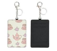 Pink Teacup Teapot Work Card Holder with Key Chain Bus Pass Holder for Women Men with 2 Card Slots Slim Wallet for Nurse Teacher Student Meal Bank Credit Cards Daily Use Nurse Essentials