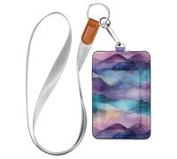Pink Teal Purple Wave Abstract Art Style Leather Badge id Holders with Lanyard and 3-Card Capacity id Holder for Staffs Officers Students Doctors Employees