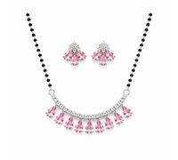 Pink Teardrop Crystal Mangalsutra Necklace and Earrings Set | Black Bead Chain, Matching Earrings, Sparkling Accents, Special Occasions, Crystal Stones
