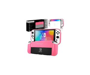(Pink) TECHGEAR Ergo Grip Case for Nintendo Switch OLED, Soft Protective TPU Silicone Back Cover, Comfort Padded Hand Grips Dock, Stand & Joy-Con Compatible