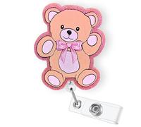 Pink Teddy Bear Badge Reel Retractable for Nurse Nursing RN CNA LPN Healthcare Worker & Teacher, Cute Pediatric Nurse Gifts, Teddy ID Name Badge Holder with Alligator Clip & 24” Durable Nylon Cord
