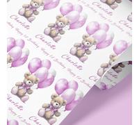 Pink Teddy Bear Personalised Birthday Wrapping Paper - Custom Name - Baby Girl Gift Wrap for 1st Birthday - 1m to 8m Roll - Fully Recyclable - Any age (Pink, 2mt)