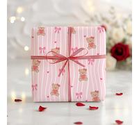 Pink Teddy Bear Wrapping Paper Sheet, Adorable Bears with Hearts & Bows on Wavy Stripes, Perfect for Valentine's Day & Baby Gifts - W180 (Large Sheet - 58 x 85cm / 22.8" x 33.4" inches)