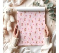 Pink Teddy Bear Wrapping Paper Sheet, Adorable Bears with Hearts & Bows on Wavy Stripes, Perfect for Valentine's Day & Baby Gifts - W180 (1 Meter Roll - 58cm x 100cm/ 22.8" x 39.3")