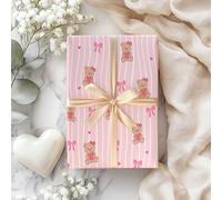 Pink Teddy Bear Wrapping Paper Sheet, Adorable Bears with Hearts & Bows on Wavy Stripes, Perfect for Valentine's Day & Baby Gifts - W180 (Small Sheet - 30 x 40cm/ 11.8" x 15.7" inches)