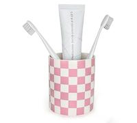 Pink Tooth Brush Holder for Bathroom, Cute Toothbrush Holders for Girl Girly Women Bathrooms, Bath Room Cups for Girls, Ceramic Toothbrush and Toothpaste Dispenser, Checkered Pink Bathroom Decor