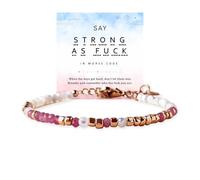 Pink Tourmaline Strong As Fuck Morse Code Bracelet, Morse Code Beaded Motivational Bracelet for Women, Secret Hidden Message Stackable Bracelet Jewelry Gift (Gold)