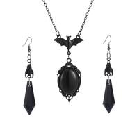 PINK TOWN Gothic Dark Bat Necklace Earrings Set,Red Black Crystal Gems Bat Earrings Punk Rock Style Witch Animal Necklace Victorian Halloween Costumes Jewelry Set for Women, L, Acrylic, No Gemstone
