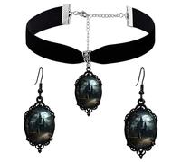 PINK TOWN Gothic Necklace Earrings Set for Women,Vintage Black Velvet Witch/Crow/Bat Glass Pendant Necklace Punk Style Crystal Cameo Glass Jewelry Set Goth Victorian Costume Halloween Accessories, L
