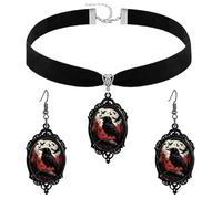 PINK TOWN Gothic Necklace Earrings Set for Women,Vintage Black Velvet Witch/Crow/Bat Glass Pendant Necklace Punk Style Crystal Cameo Glass Jewelry Set Goth Victorian Costume Halloween Accessories, L