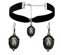 PINK TOWN Gothic Necklace Earrings Set for Women,Vintage Black Velvet Witch/Crow/Bat Glass Pendant Necklace Punk Style Crystal Cameo Glass Jewelry Set Goth Victorian Costume Halloween Accessories, L
