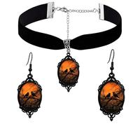 PINK TOWN Gothic Necklace Earrings Set for Women,Vintage Black Velvet Witch/Crow/Bat Glass Pendant Necklace Punk Style Crystal Cameo Glass Jewelry Set Goth Victorian Costume Halloween Accessories, L