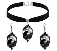 PINK TOWN Gothic Necklace Earrings Set for Women,Vintage Black Velvet Witch/Crow/Bat Glass Pendant Necklace Punk Style Crystal Cameo Glass Jewelry Set Goth Victorian Costume Halloween Accessories, L
