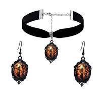PINK TOWN Gothic Necklace Earrings Set for Women,Vintage Black Velvet Witch/Crow/Bat Glass Pendant Necklace Punk Style Crystal Cameo Glass Jewelry Set Goth Victorian Costume Halloween Accessories, L