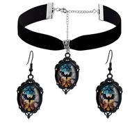 PINK TOWN Gothic Necklace Earrings Set for Women,Vintage Black Velvet Witch/Crow/Bat Glass Pendant Necklace Punk Style Crystal Cameo Glass Jewelry Set Goth Victorian Costume Halloween Accessories, L