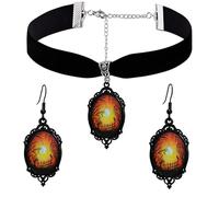 PINK TOWN Gothic Necklace Earrings Set for Women,Vintage Black Velvet Witch/Crow/Bat Glass Pendant Necklace Punk Style Crystal Cameo Glass Jewelry Set Goth Victorian Costume Halloween Accessories, L