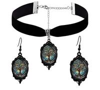 PINK TOWN Gothic Necklace Earrings Set for Women,Vintage Black Velvet Witch/Crow/Bat Glass Pendant Necklace Punk Style Crystal Cameo Glass Jewelry Set Goth Victorian Costume Halloween Accessories, L