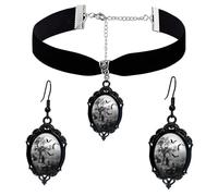 PINK TOWN Gothic Necklace Earrings Set for Women,Vintage Black Velvet Witch/Crow/Bat Glass Pendant Necklace Punk Style Crystal Cameo Glass Jewelry Set Goth Victorian Costume Halloween Accessories, L