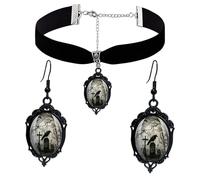 PINK TOWN Gothic Necklace Earrings Set for Women,Vintage Black Velvet Witch/Crow/Bat Glass Pendant Necklace Punk Style Crystal Cameo Glass Jewelry Set Goth Victorian Costume Halloween Accessories, L