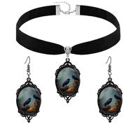 PINK TOWN Gothic Necklace Earrings Set for Women,Vintage Black Velvet Witch/Crow/Bat Glass Pendant Necklace Punk Style Crystal Cameo Glass Jewelry Set Goth Victorian Costume Halloween Accessories, L