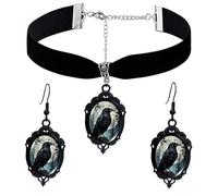 PINK TOWN Gothic Necklace Earrings Set for Women,Vintage Black Velvet Witch/Crow/Bat Glass Pendant Necklace Punk Style Crystal Cameo Glass Jewelry Set Goth Victorian Costume Halloween Accessories, L