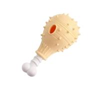 Pink TPR Dog Toy Drumstick with Nubby Surface and White Bone Ends | The pink drumstick shaped toy has raised bumps along its surface and a white bone shaped end with rounded lobes.