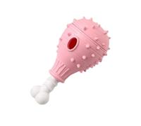 Pink TPR Dog Toy Drumstick with Nubby Surface and White Bone Ends | The pink drumstick shaped toy has raised bumps along its surface and a white bone shaped end with rounded lobes.