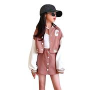 Pink Tracksuit,Children's Varsity Stylish Outfit, Pink White Contrast Sleeve Girls' Jacket and Skirt Set