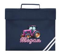 Pink Tractor Girls Custom Book Bag with Farming Design Personalised Name Back to School Reading Folder for Primary Kids, One Size, Navy