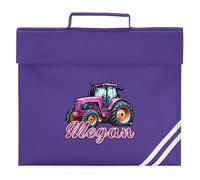 Pink Tractor Girls Custom Book Bag with Farming Design Personalised Name Back to School Reading Folder for Primary Kids, One Size, Purple