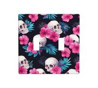Pink Tropical Hibiscus Flowers White Skulls Double Gang Toggle Light Cover Wall Plate Switch Decor Standard Size - 11.4x11.4cm