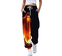 Pink Trousers for Women UK Halloween Elastic Waist Side Pockets Sport Casual Printed Pants Loose Long Trousers Daily High-Waisted Drawstring Sweatpants Festive Atmosphere Joggers