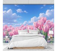 Pink Tulip Field Landscape Wall Murals Realistic Garden Theme Mural Sky Blue Wallpaper for Living Room Bedroom Bathroom 250 X 175 Cm