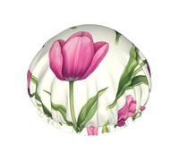 Pink Tulip Pattern Waterproof Reusable Shower Cap For Women - Elastic Hair Cover For Bath, Spa, Travel & Daily Use