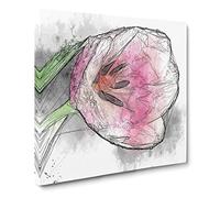 Pink Tulip Sketch Modern Canvas Wall Art Print Ready to Hang, Framed Picture for Living Room Bedroom Home Office Décor, 20x20 Inch (50x50 cm)