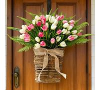 Pink Tulip Wreath for Front Door - 18" Spring Summer Artificial Farmhouse Floral Door Decor, Artificial Rattan Hanging Basket,Rustic Country Wreath for Home, Porch, Entrywayin (Pink Tulips)