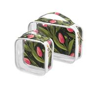 Pink Tulipa Green Leaves Flat Illustration Style 2 Pack Clear Travel Bag Toiletry TSA Approved Portable Makeup Bag Organizer Travel Essential