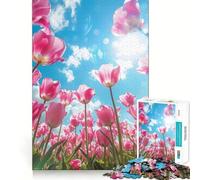 Pink Tulips Against A Blue Sky 1000 Piece Jigsaw Puzzles for Adults Improve Memory Anxiety Relief Sharp Edge Wall Art Decor (38x26cm)