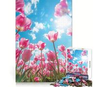 Pink Tulips Against A Blue Sky 1000 Piece Jigsaw Puzzles for Adults Improve Memory Anxiety Relief Sharp Edge Wall Art Decor (38x26cm)