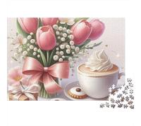 Pink Tulips Coffee 1000 Piece Jigsaw Puzzle Paper Adult Puzzle Game Whipped Cream Decor 70x50cm/1000pcs