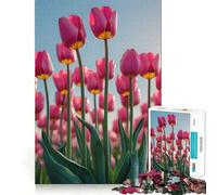 Pink Tulips Field Under Blue Sky Jigsaw Puzzle 1000 Piece for Teenagers Brain Workout Toy Serene Time Art Assembly Seasonal Gift (50x75cm)